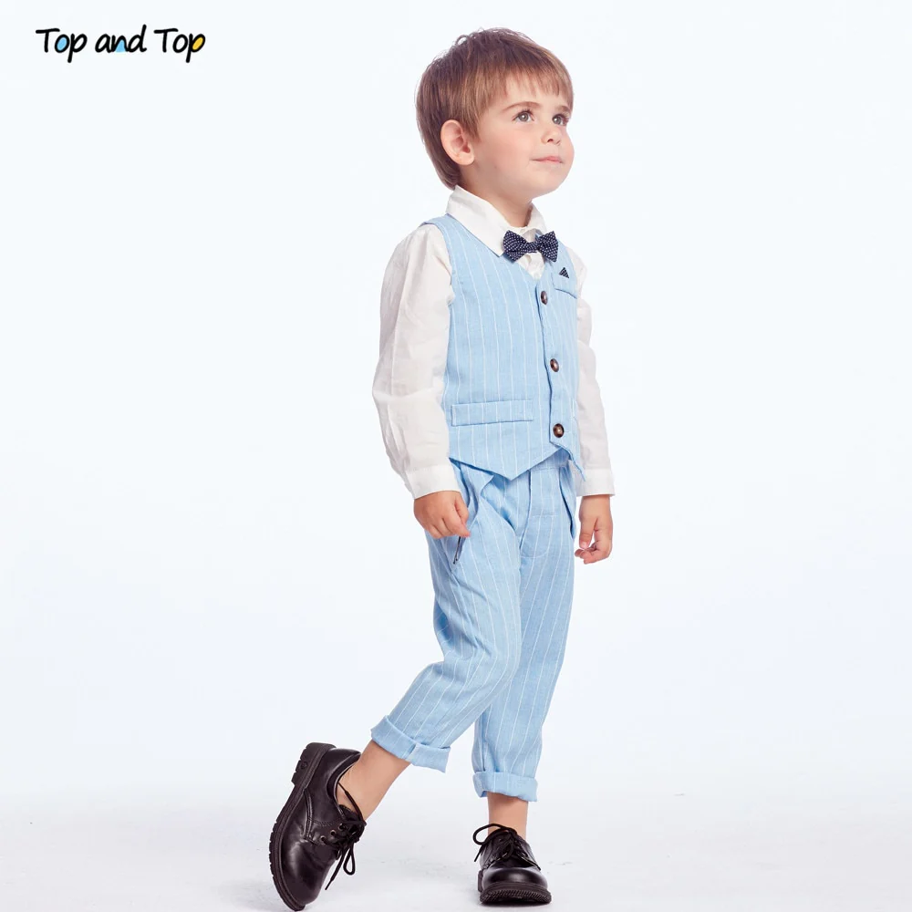 Top and Top Spring&Autumn Baby Boy Gentleman Suit White Shirt with Bow Tie+Striped Vest+Trousers 3Pcs Formal Kids Clothes Set - Image 12