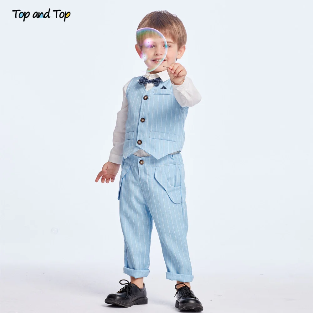Top and Top Spring&Autumn Baby Boy Gentleman Suit White Shirt with Bow Tie+Striped Vest+Trousers 3Pcs Formal Kids Clothes Set - Image 13