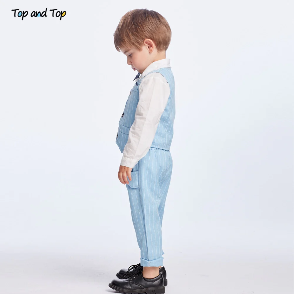 Top and Top Spring&Autumn Baby Boy Gentleman Suit White Shirt with Bow Tie+Striped Vest+Trousers 3Pcs Formal Kids Clothes Set - Image 14