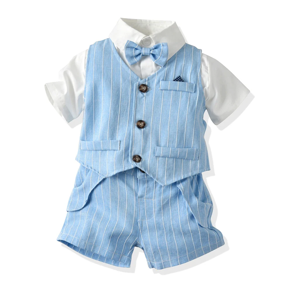 Top and Top Spring&Autumn Baby Boy Gentleman Suit White Shirt with Bow Tie+Striped Vest+Trousers 3Pcs Formal Kids Clothes Set - Image 2