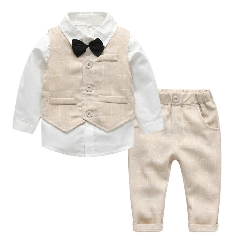 Top and Top Spring&Autumn Baby Boy Gentleman Suit White Shirt with Bow Tie+Striped Vest+Trousers 3Pcs Formal Kids Clothes Set - Image 3