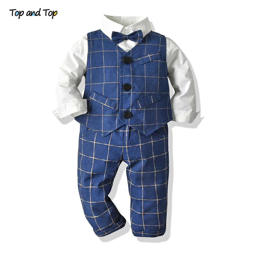 Top and Top Spring&Autumn Baby Boy Gentleman Suit White Shirt with Bow Tie+Striped Vest+Trousers 3Pcs Formal Kids Clothes Set - Image 4