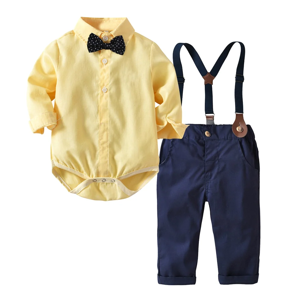 Top and Top Spring&Autumn Baby Boy Gentleman Suit White Shirt with Bow Tie+Striped Vest+Trousers 3Pcs Formal Kids Clothes Set - Image 5