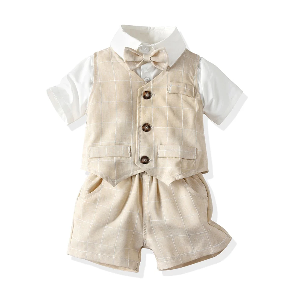 Top and Top Spring&Autumn Baby Boy Gentleman Suit White Shirt with Bow Tie+Striped Vest+Trousers 3Pcs Formal Kids Clothes Set - Image 6