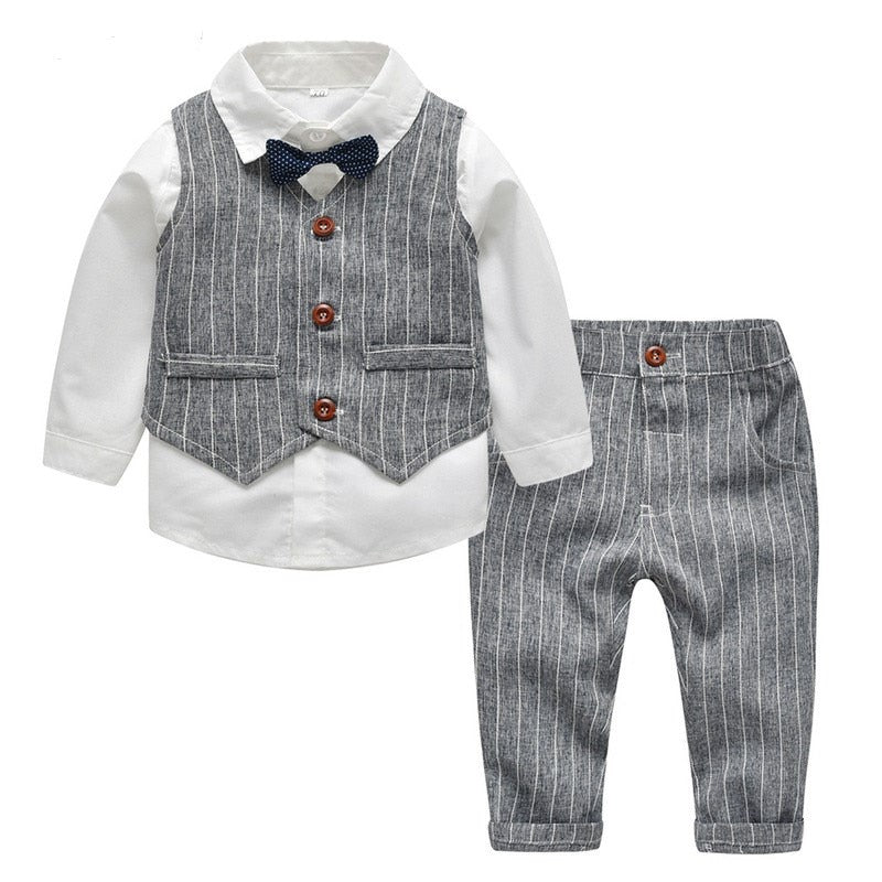Top and Top Spring&Autumn Baby Boy Gentleman Suit White Shirt with Bow Tie+Striped Vest+Trousers 3Pcs Formal Kids Clothes Set - Image 7