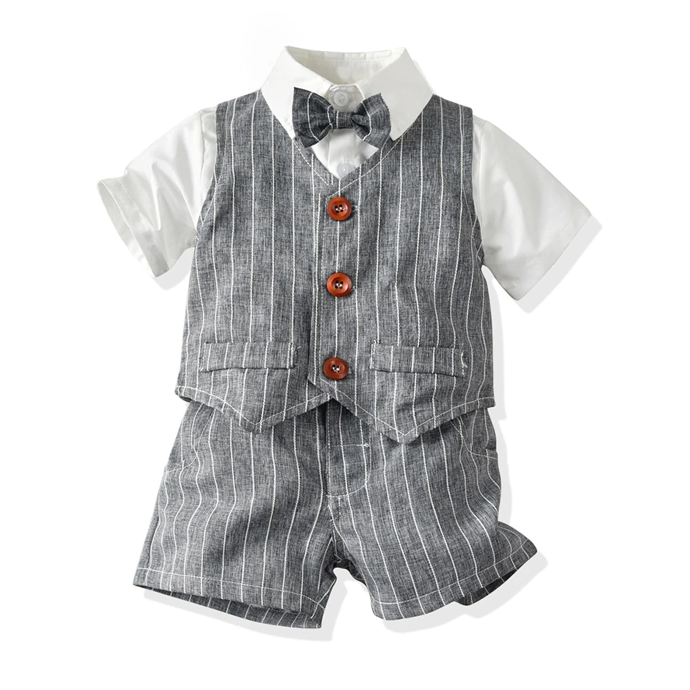 Top and Top Spring&Autumn Baby Boy Gentleman Suit White Shirt with Bow Tie+Striped Vest+Trousers 3Pcs Formal Kids Clothes Set - Image 8