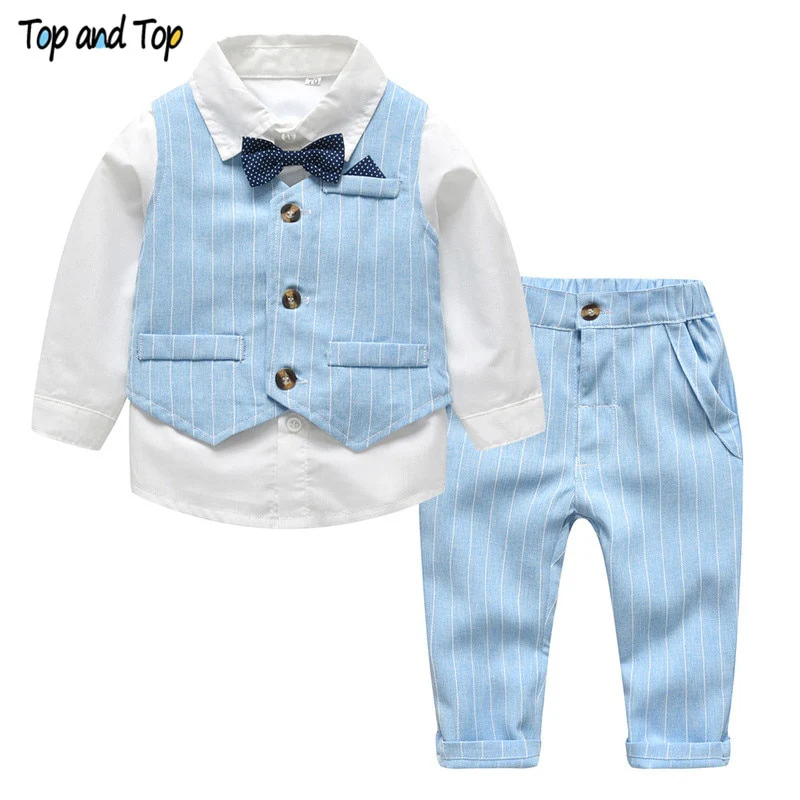 Top and Top Spring&Autumn Baby Boy Gentleman Suit White Shirt with Bow Tie+Striped Vest+Trousers 3Pcs Formal Kids Clothes Set - Image 9