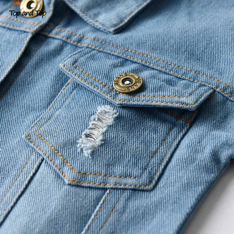 Top and Top Spring Autumn Kids Casual Jacket Girls Ripped Holes Jeans Coats Little Boys Girls Denim Outerwear Costume 12M-6Y - Image 4
