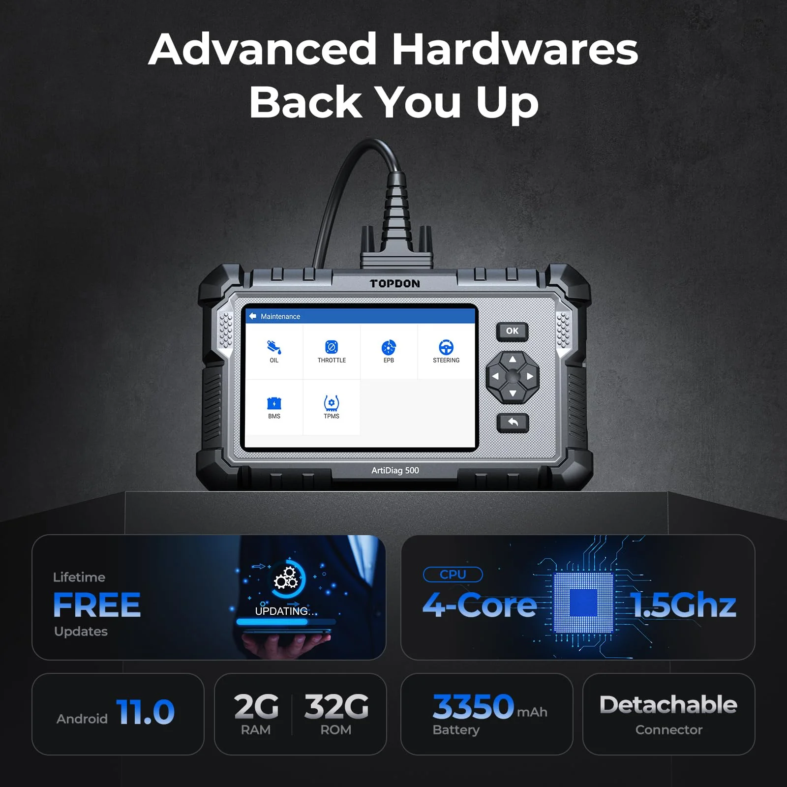 TOPDON AD500 OBD2 Scanner Car Code Reader Scan Tool, Engine ABS SRS Transmission Diagnostics Tool, Oil/Throttle/SAS/TPMS/BMS/EPB Reset Car Scanner, Free Upgrade for DIY - Image 2