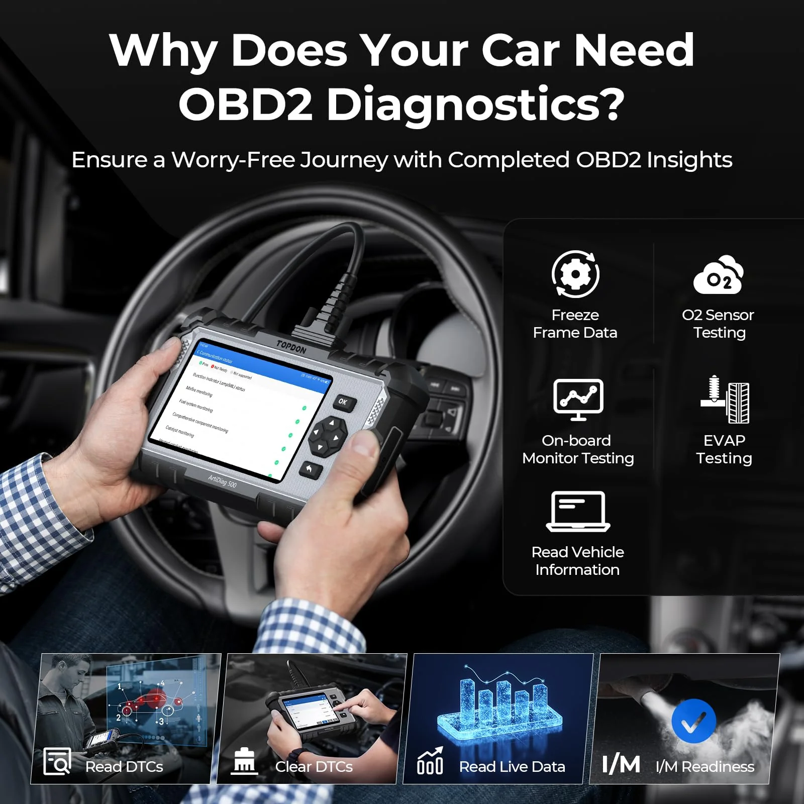TOPDON AD500 OBD2 Scanner Car Code Reader Scan Tool, Engine ABS SRS Transmission Diagnostics Tool, Oil/Throttle/SAS/TPMS/BMS/EPB Reset Car Scanner, Free Upgrade for DIY - Image 5