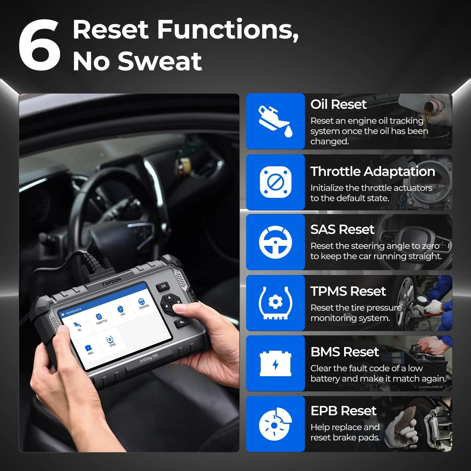 TOPDON AD500 OBD2 Scanner Car Code Reader Scan Tool, Engine ABS SRS Transmission Diagnostics Tool, Oil/Throttle/SAS/TPMS/BMS/EPB Reset Car Scanner, Free Upgrade for DIY - Image 6