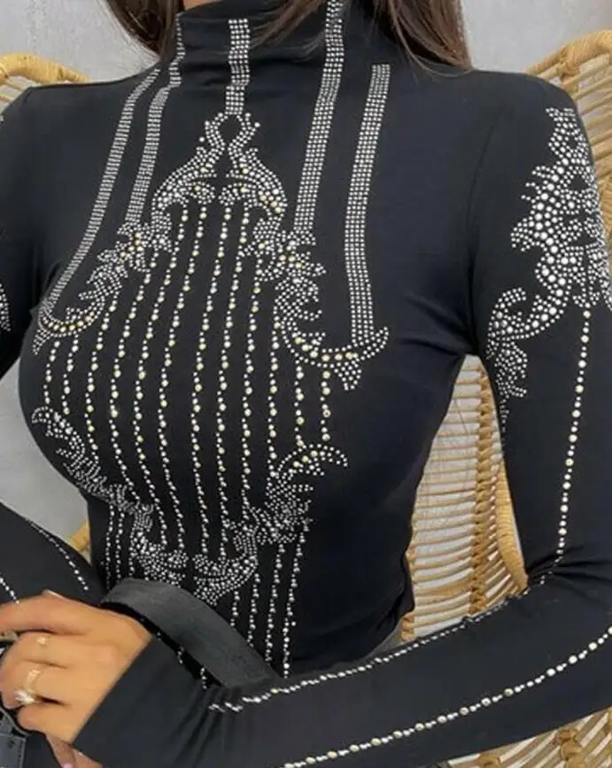 Tops Women 2024 Summer Fashion Basics Rhinestone Decor Long Sleeve Top Women's Clothes Sexy Casual Skinny T-Shirt Y2K Clothes - Image 2
