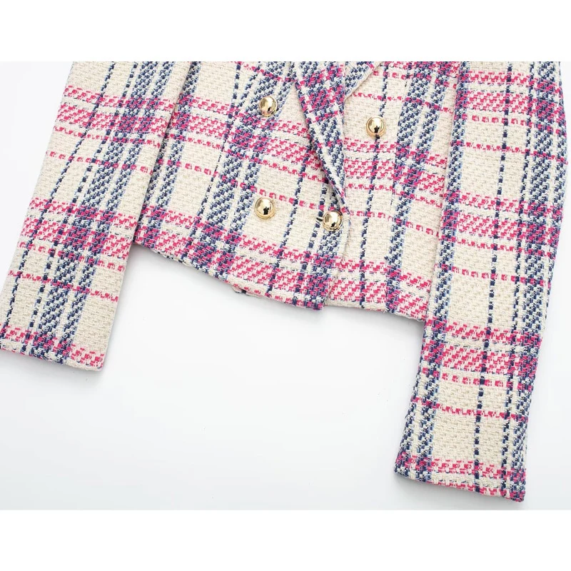 TRAF Plaid Tweed Blazer Women Textured Cropped Jacket Women Double Breasted Blazer Women Long Sleeve Button Blazers for Women - Image 5