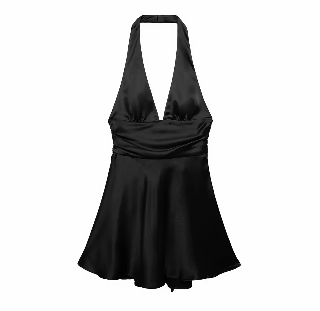 TRAFZA Sexy Solid Mini Women Dress Fashion 2024 Summer Satin Halter Bow Tie Dress Elegant Female Dress Beach Holiday Party Dress - Image 10