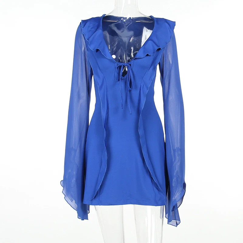 Transition Sexy Zone Blue Ruffles Long Sleeves Vacation Blouse Deep V-neck Lace-up American Sexy Street Skirt - Image 6