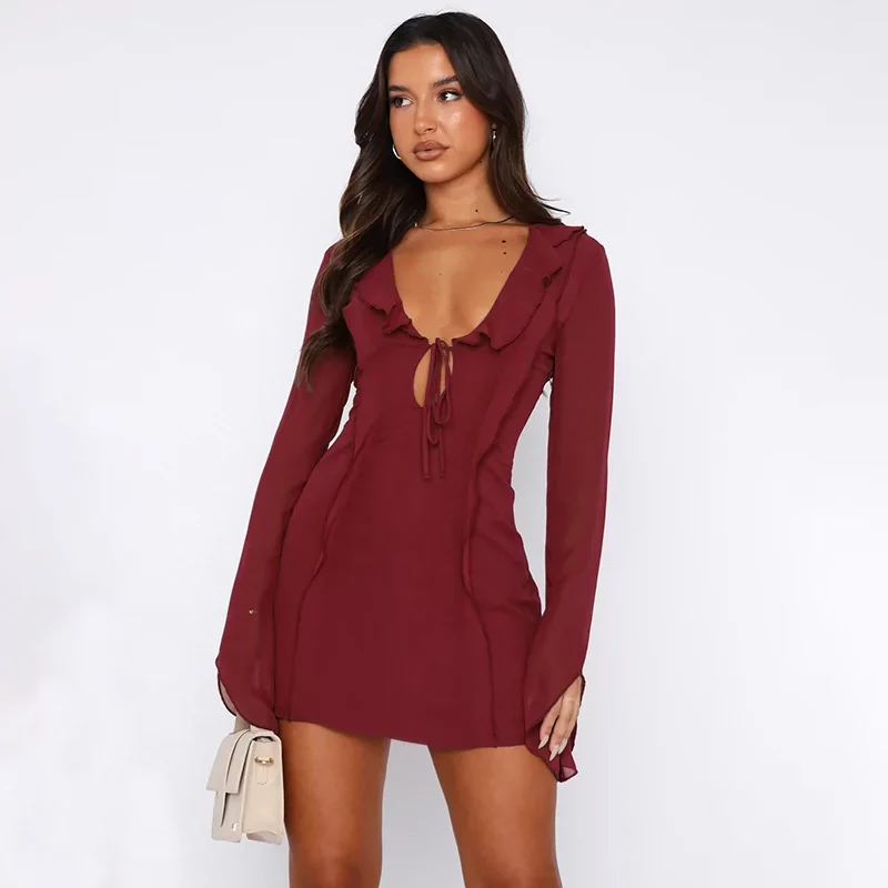 Transition Sexy Zone Blue Ruffles Long Sleeves Vacation Blouse Deep V-neck Lace-up American Sexy Street Skirt - Image 8