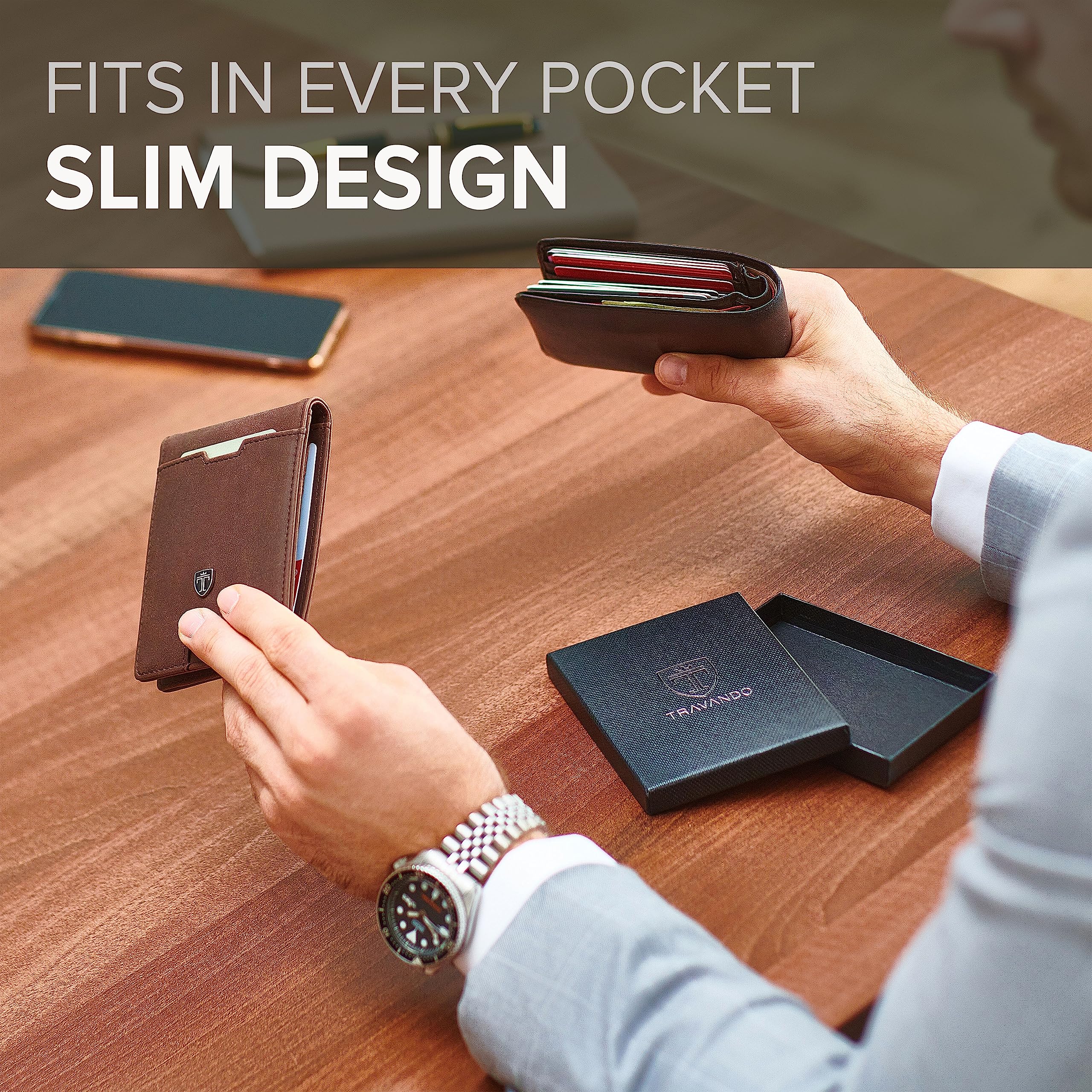 TRAVANDO Mens Slim Wallet with Money Clip AUSTIN RFID Blocking Bifold Credit Card Holder for Men with Gift Box (Vintage Brown) - Image 5