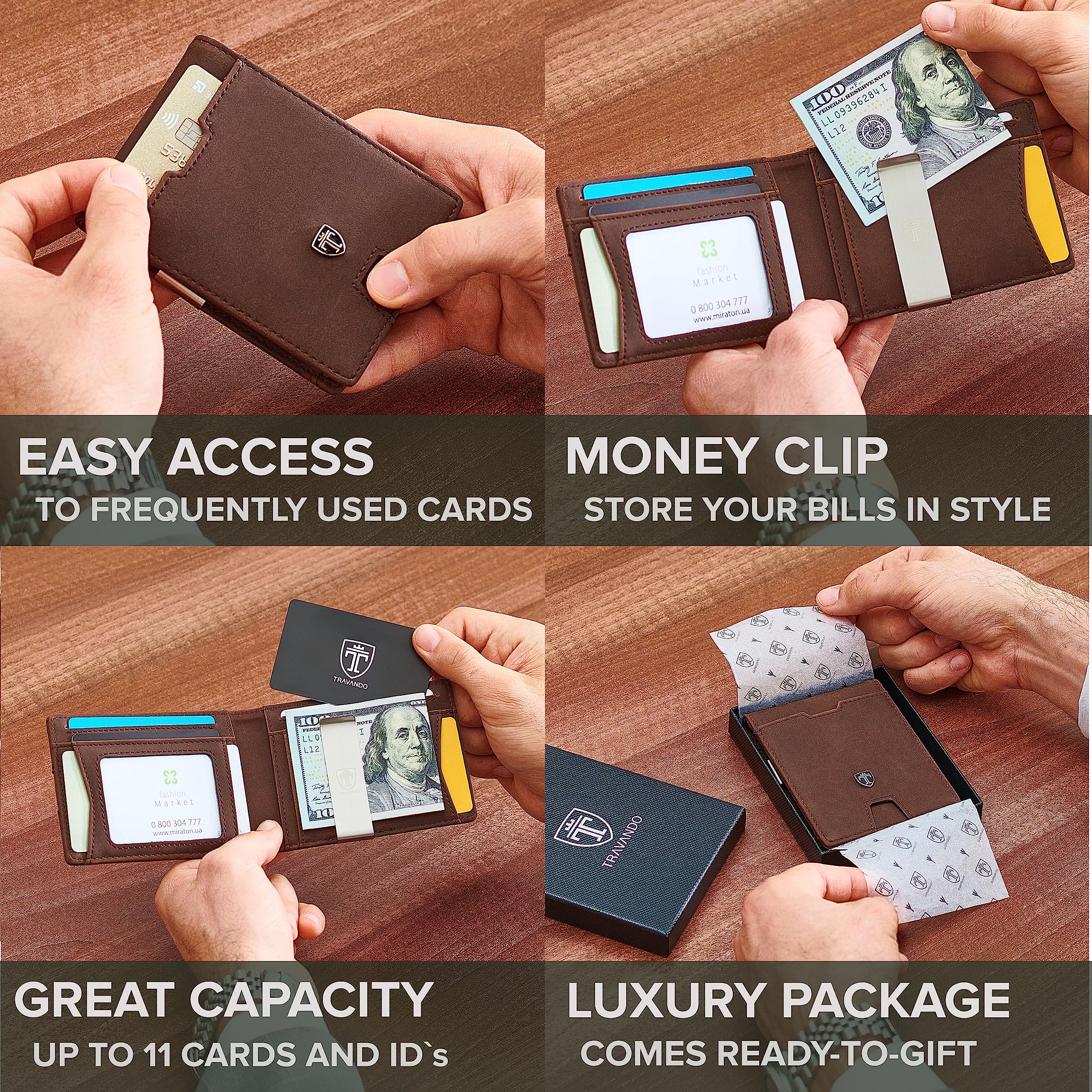 TRAVANDO Mens Slim Wallet with Money Clip AUSTIN RFID Blocking Bifold Credit Card Holder for Men with Gift Box (Vintage Brown) - Image 6