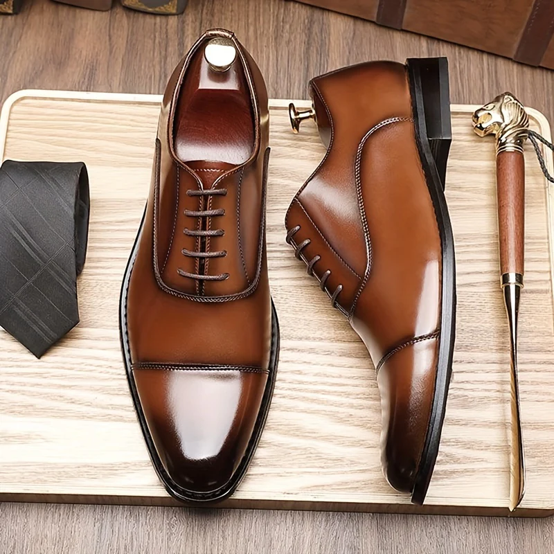 [Trendy Cow Leather Oxford Shoes] Men's Trendy Split Cow Leather Upper Cap Toe Oxford Shoes, Comfy Non Slip Casual Rubber Sole Formal Shoes, Men's Footwear - Image 2