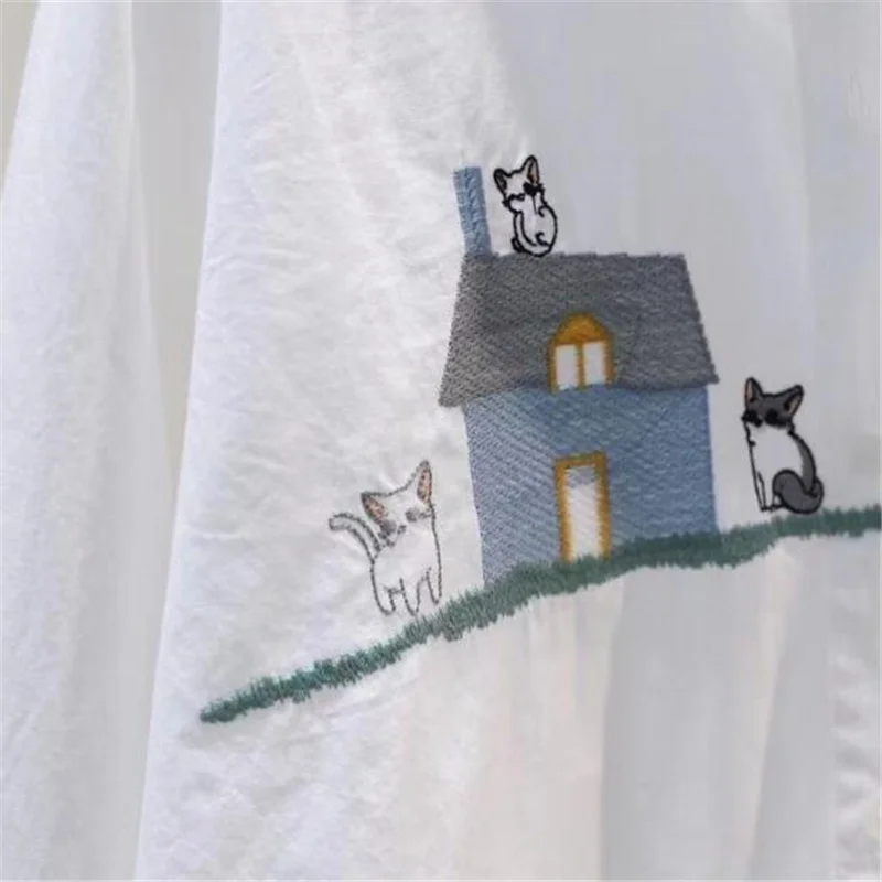 Trendy Embroidery Blouses Women Cotton Shirt Cartoon Top For Women  Doll Neck Loose Long-sleeved Cardigan Shirt Female Blous - Image 4