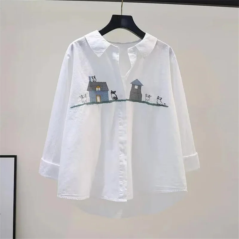 Trendy Embroidery Blouses Women Cotton Shirt Cartoon Top For Women  Doll Neck Loose Long-sleeved Cardigan Shirt Female Blous - Image 7