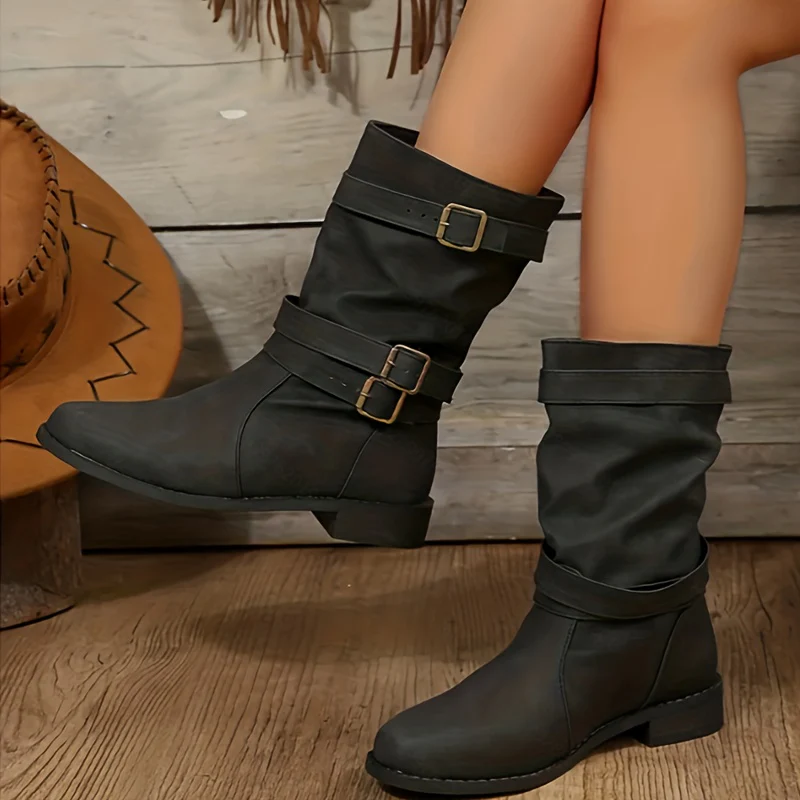 Trendy Solid Color Cowboy Boots - Stylish Chunky Heel with Fashion Buckle Strap Accent - Effortless Slip-On Comfortable Design - Image 13
