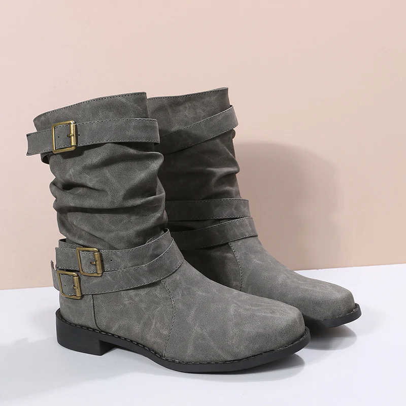 Trendy Solid Color Cowboy Boots - Stylish Chunky Heel with Fashion Buckle Strap Accent - Effortless Slip-On Comfortable Design - Image 14