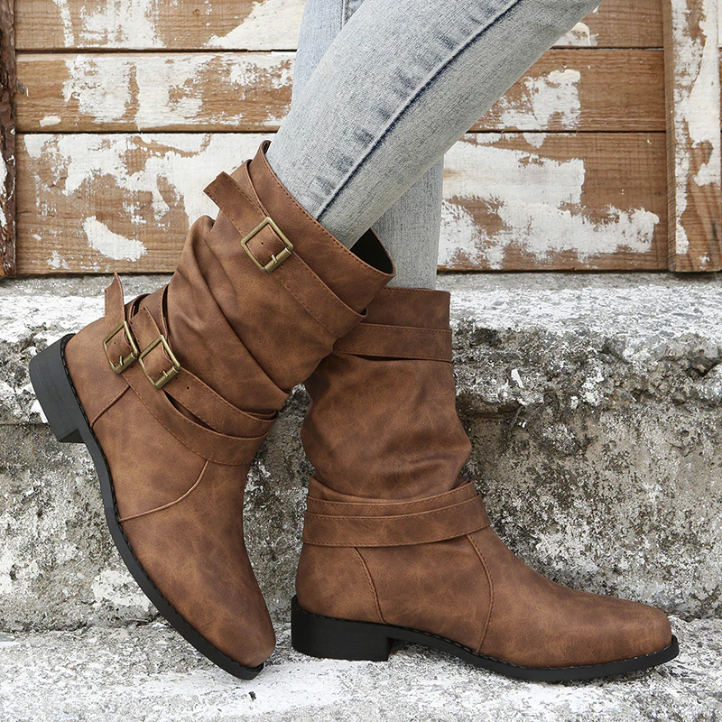 Trendy Solid Color Cowboy Boots - Stylish Chunky Heel with Fashion Buckle Strap Accent - Effortless Slip-On Comfortable Design - Image 16