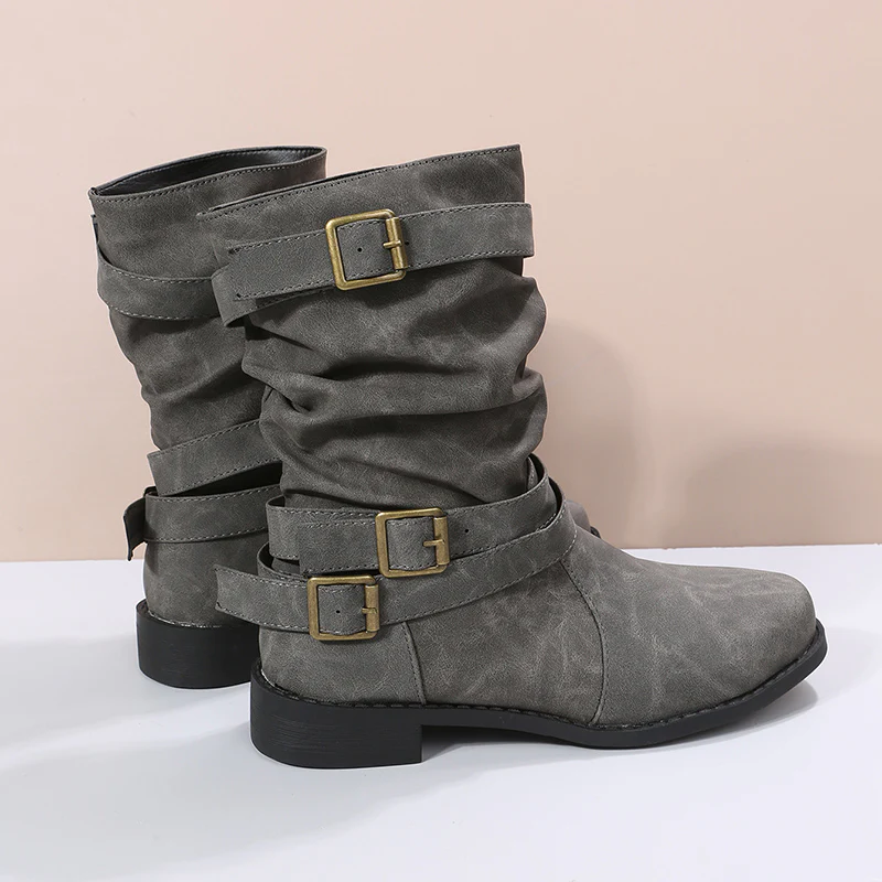 Trendy Solid Color Cowboy Boots - Stylish Chunky Heel with Fashion Buckle Strap Accent - Effortless Slip-On Comfortable Design - Image 20