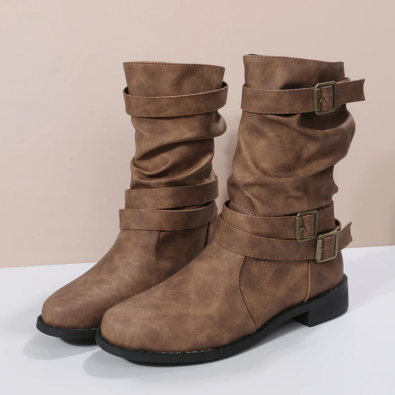 Trendy Solid Color Cowboy Boots - Stylish Chunky Heel with Fashion Buckle Strap Accent - Effortless Slip-On Comfortable Design - Image 22