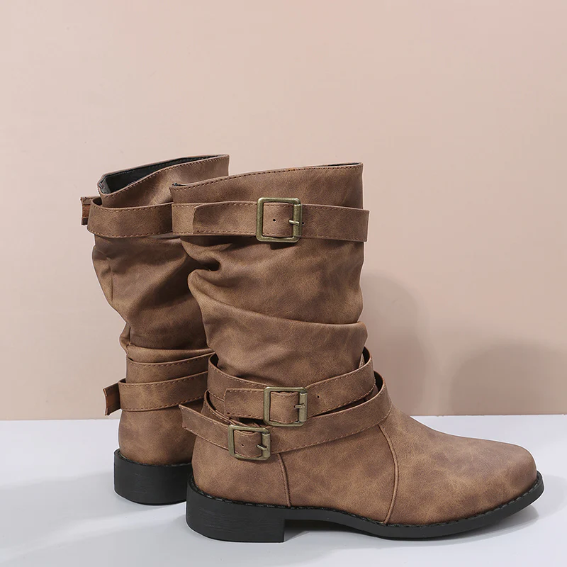 Trendy Solid Color Cowboy Boots - Stylish Chunky Heel with Fashion Buckle Strap Accent - Effortless Slip-On Comfortable Design - Image 23