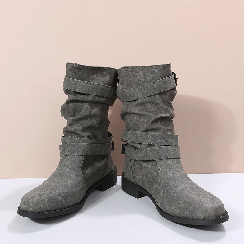 Trendy Solid Color Cowboy Boots - Stylish Chunky Heel with Fashion Buckle Strap Accent - Effortless Slip-On Comfortable Design - Image 26