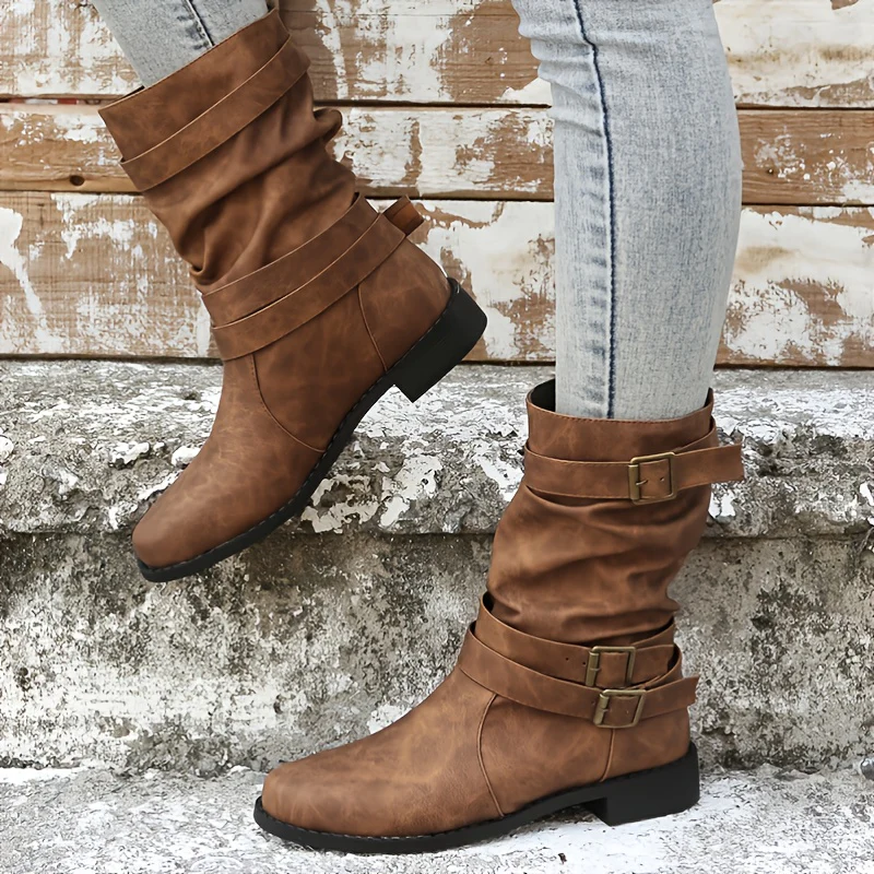 Trendy Solid Color Cowboy Boots - Stylish Chunky Heel with Fashion Buckle Strap Accent - Effortless Slip-On Comfortable Design - Image 3