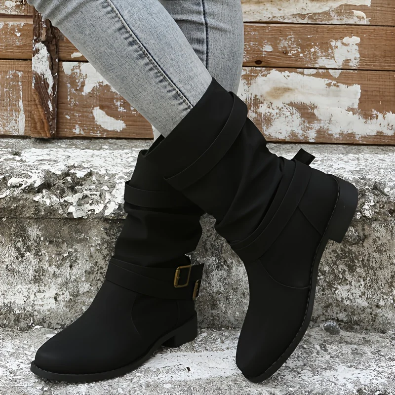 Trendy Solid Color Cowboy Boots - Stylish Chunky Heel with Fashion Buckle Strap Accent - Effortless Slip-On Comfortable Design - Image 5