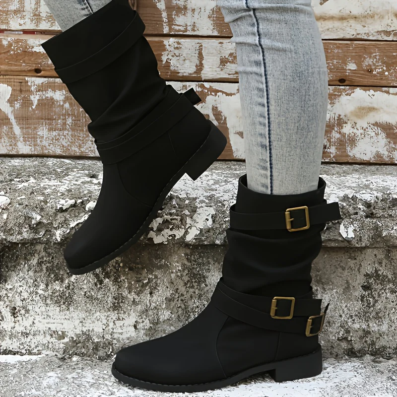 Trendy Solid Color Cowboy Boots - Stylish Chunky Heel with Fashion Buckle Strap Accent - Effortless Slip-On Comfortable Design - Image 6