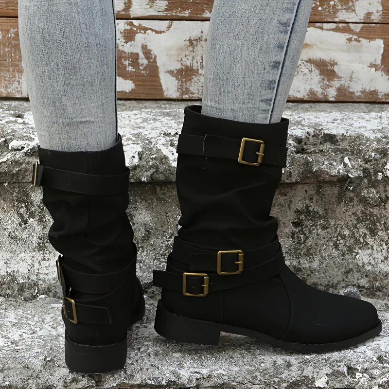 Trendy Solid Color Cowboy Boots - Stylish Chunky Heel with Fashion Buckle Strap Accent - Effortless Slip-On Comfortable Design - Image 7