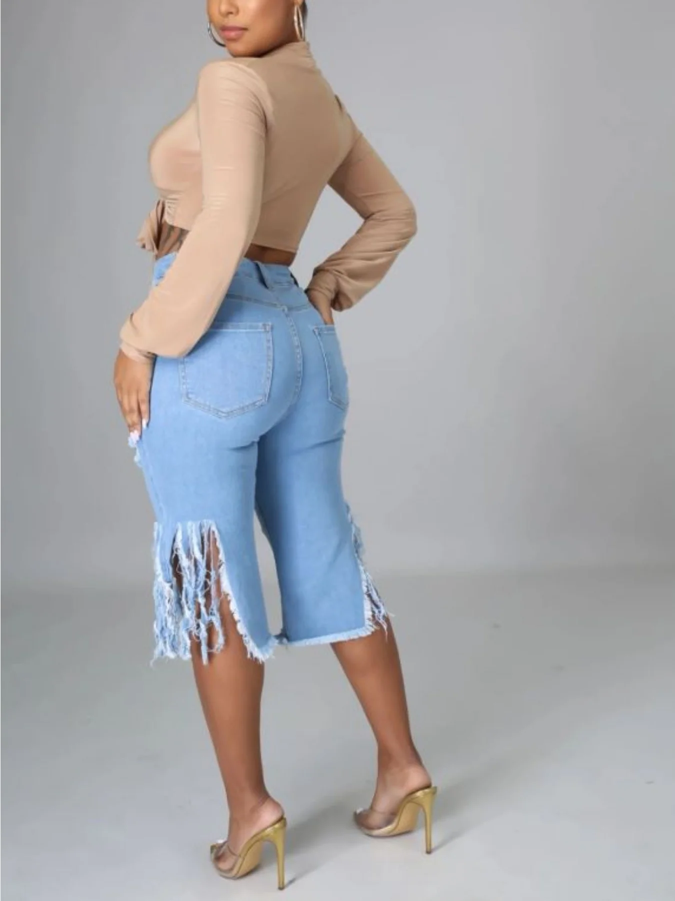 Trendy Women's Distressed Denim Shorts - Fringe Hem, Stylish, Comfortable for Casual Wear - Image 6