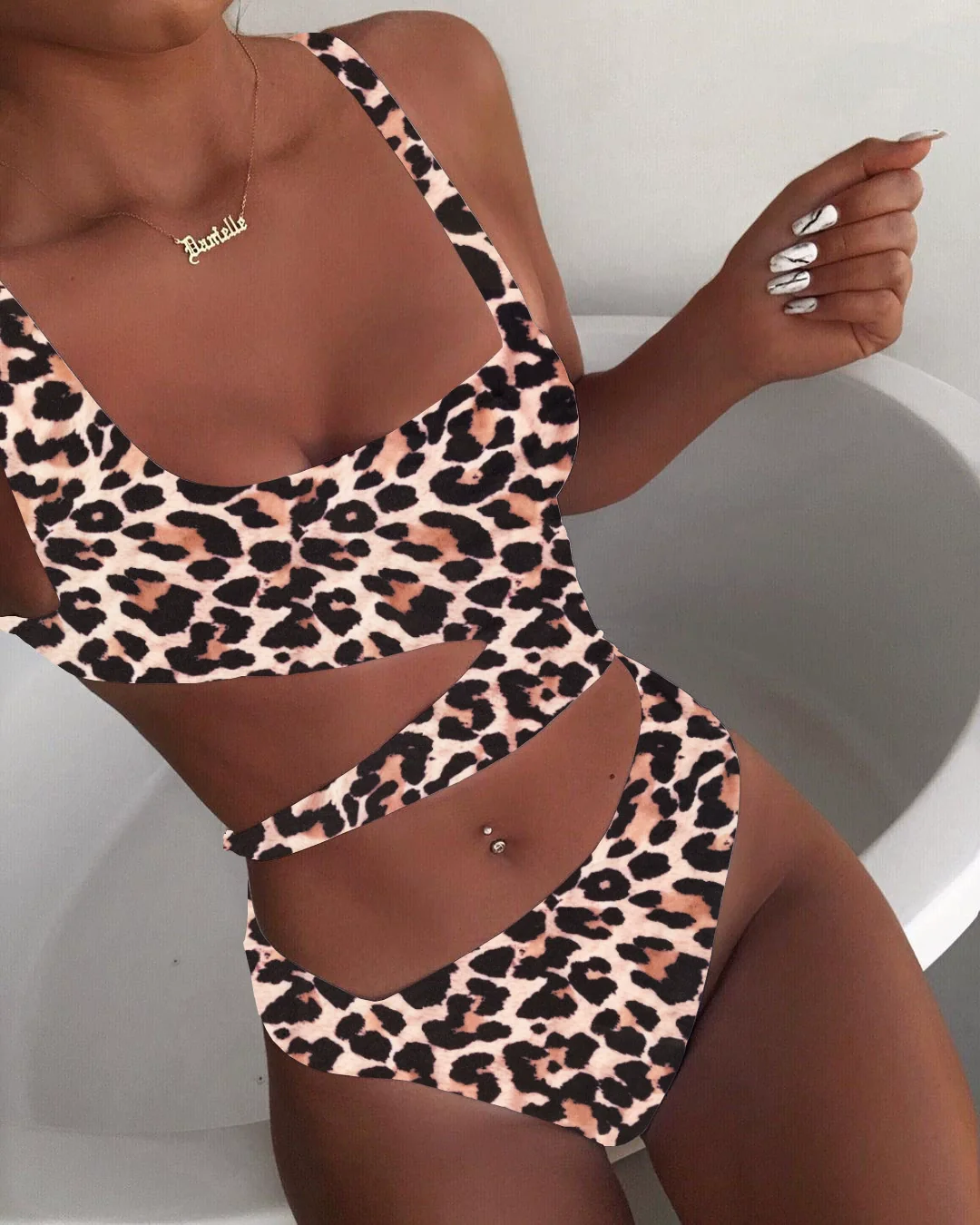 Triangle Nylon Chest Pad Summer Beach Swimsuit Solid Color Hollow-out Midriff Irregular Spaghetti-Strap Sexy One Piece Swimsuit - Image 2