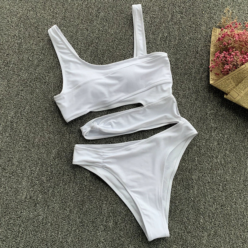 Triangle Nylon Chest Pad Summer Beach Swimsuit Solid Color Hollow-out Midriff Irregular Spaghetti-Strap Sexy One Piece Swimsuit - Image 5