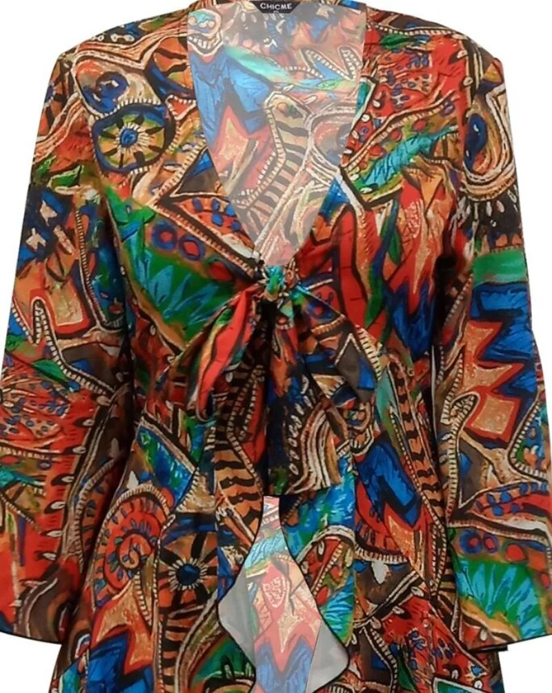 Tribal Print High Low Hem Bell Sleeve Top Women Spring Summer V Neck Blouse Loose Fashion Casual - Image 12