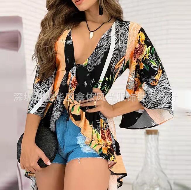 Tribal Print High Low Hem Bell Sleeve Top Women Spring Summer V Neck Blouse Loose Fashion Casual - Image 2