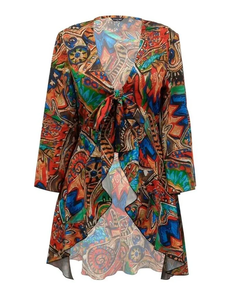 Tribal Print High Low Hem Bell Sleeve Top Women Spring Summer V Neck Blouse Loose Fashion Casual - Image 9