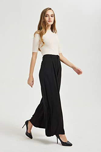 Tronjori Women High Waist Casual Wide Leg Long Palazzo Pants Trousers Regular Size(L, Black) - Image 5