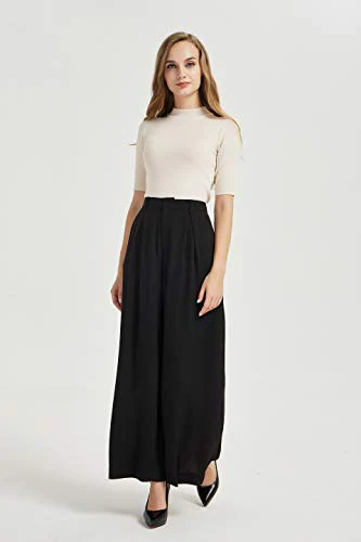 Tronjori Women High Waist Casual Wide Leg Long Palazzo Pants Trousers Regular Size(L, Black) - Image 6