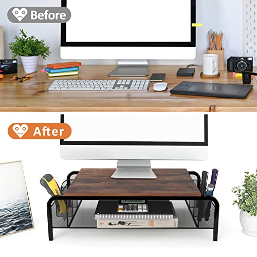 Trwcrt Metal Desk Monitor Stand Riser with Organizer Drawer, Rustic Monitor Riser for Computer, Small Printer, Laptop, Black and Brown - Image 7