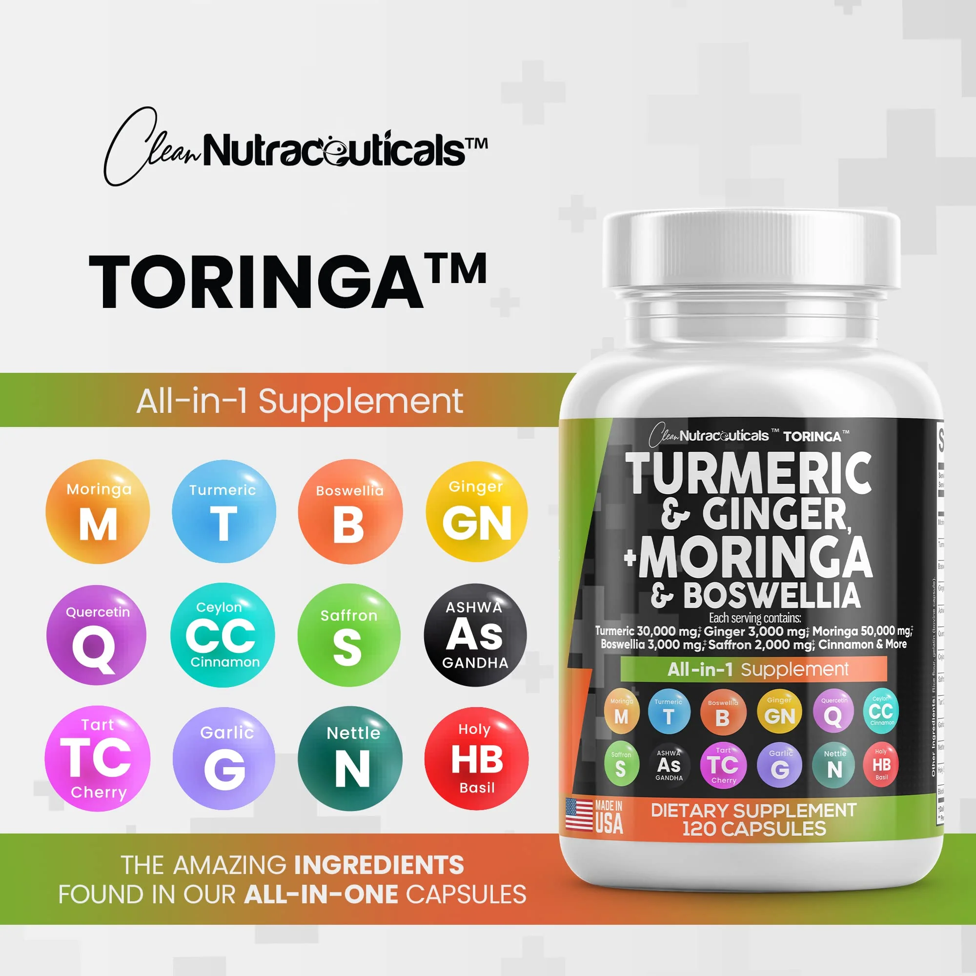 Turmeric Curcumin 30000mg Ginger 3000mg Moringa 50000mg Boswellia Saffron 2000mg - Joint Support Supplement for Women and Men with Ceylon Cinnamon, Quercetin, Tart Cherry Made in USA 120 Caps - Image 2