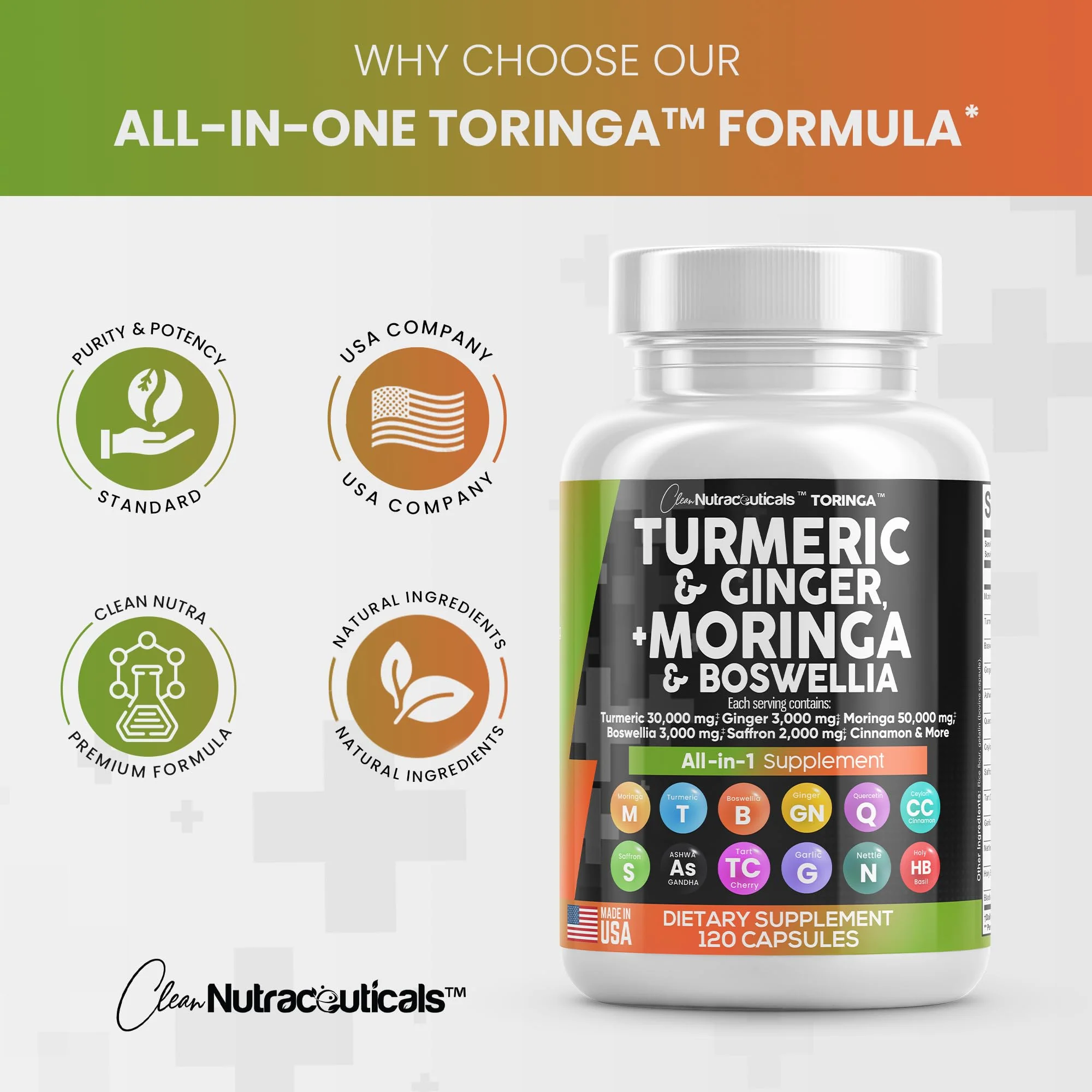 Turmeric Curcumin 30000mg Ginger 3000mg Moringa 50000mg Boswellia Saffron 2000mg - Joint Support Supplement for Women and Men with Ceylon Cinnamon, Quercetin, Tart Cherry Made in USA 120 Caps - Image 3