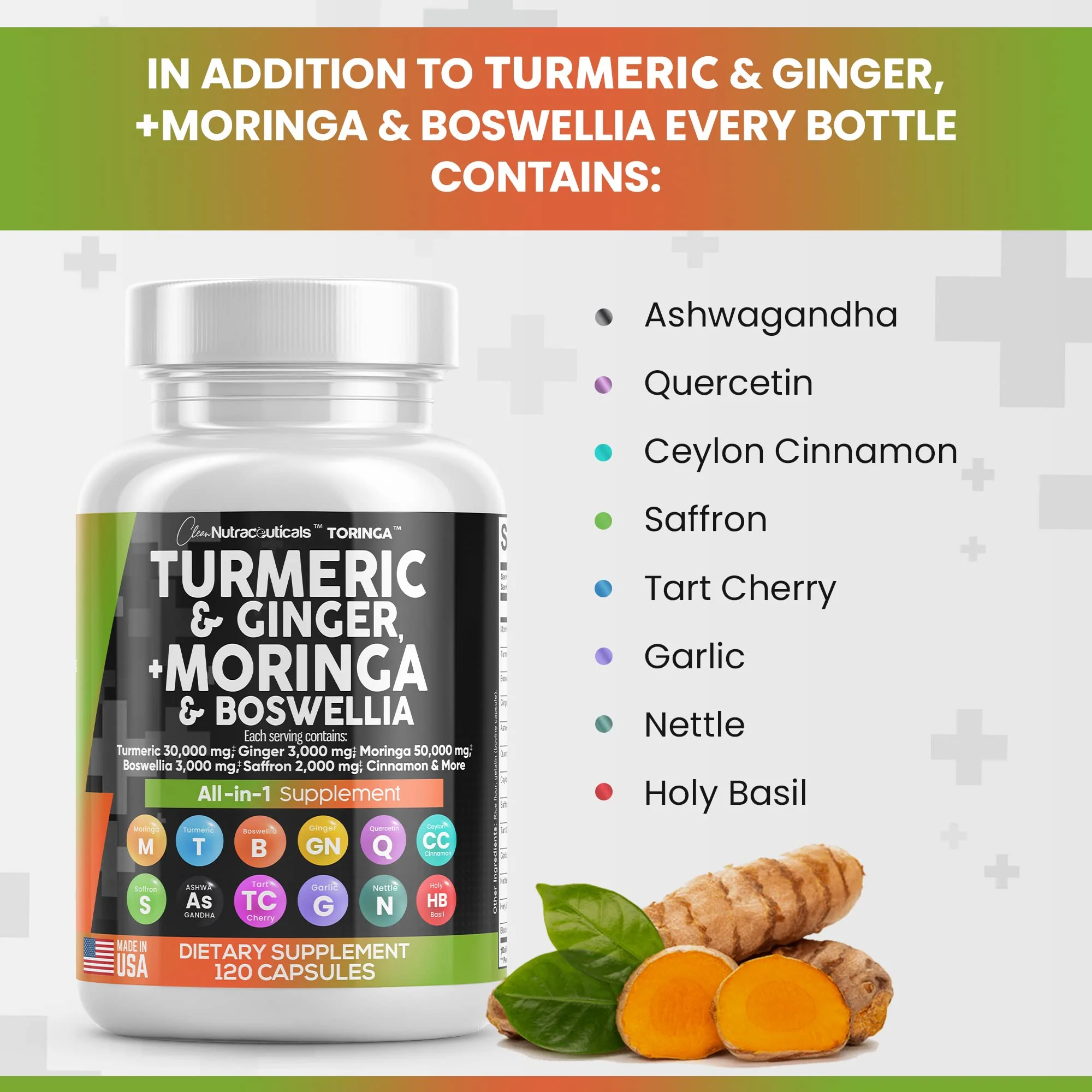 Turmeric Curcumin 30000mg Ginger 3000mg Moringa 50000mg Boswellia Saffron 2000mg - Joint Support Supplement for Women and Men with Ceylon Cinnamon, Quercetin, Tart Cherry Made in USA 120 Caps - Image 4