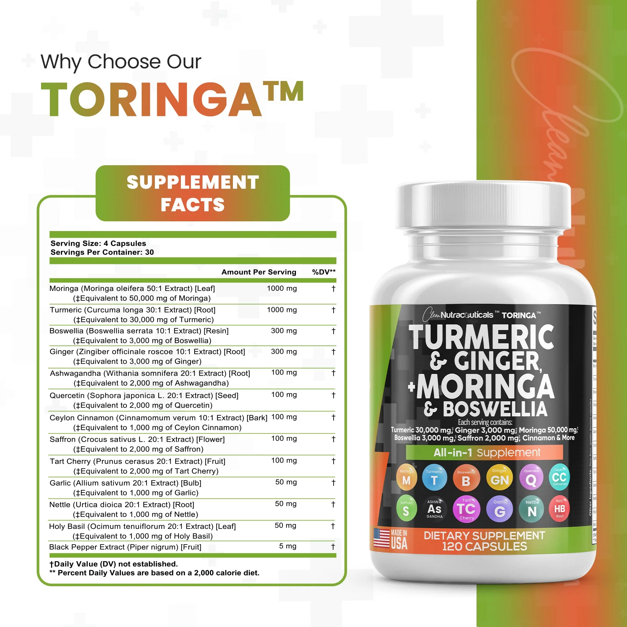 Turmeric Curcumin 30000mg Ginger 3000mg Moringa 50000mg Boswellia Saffron 2000mg - Joint Support Supplement for Women and Men with Ceylon Cinnamon, Quercetin, Tart Cherry Made in USA 120 Caps - Image 5