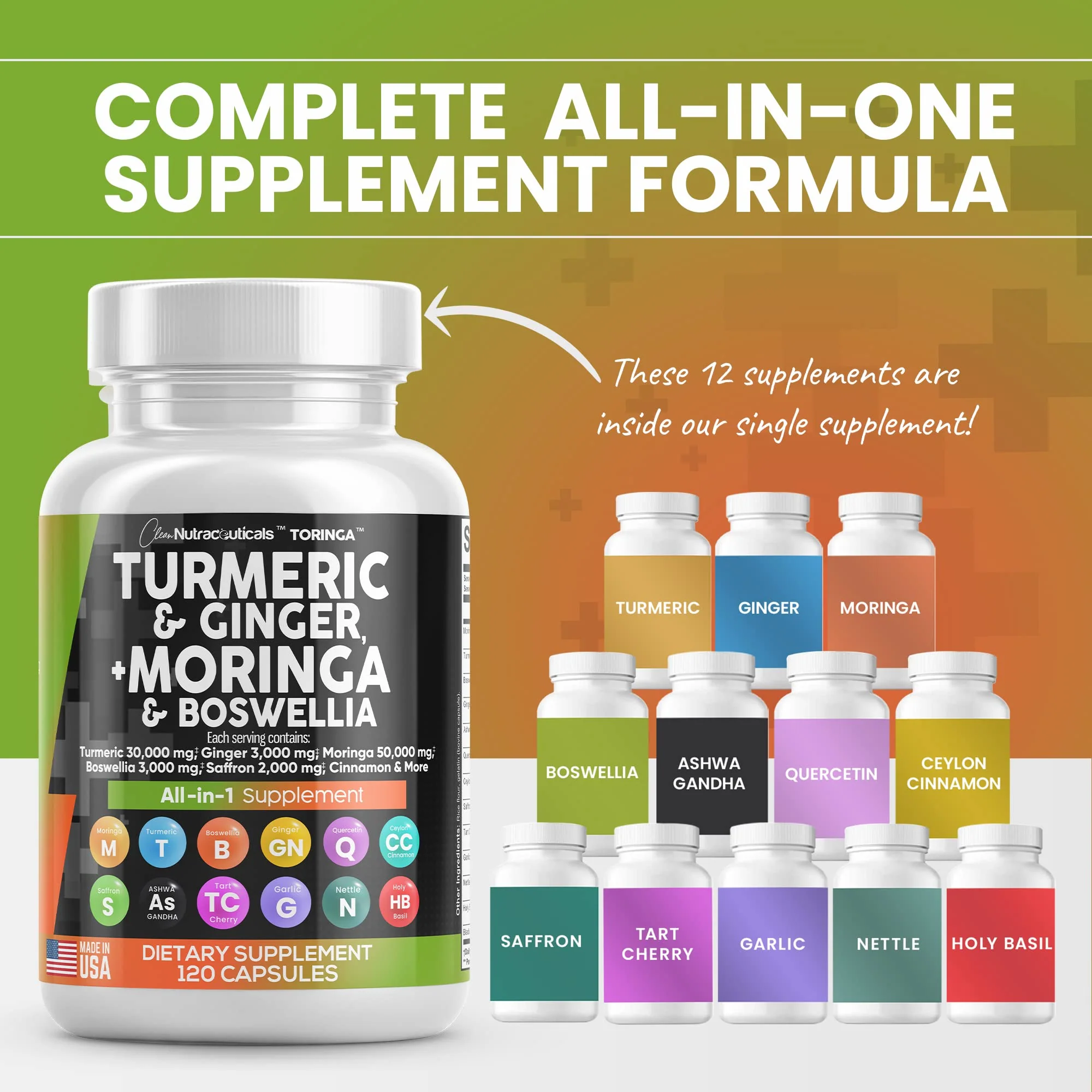 Turmeric Curcumin 30000mg Ginger 3000mg Moringa 50000mg Boswellia Saffron 2000mg - Joint Support Supplement for Women and Men with Ceylon Cinnamon, Quercetin, Tart Cherry Made in USA 120 Caps - Image 7